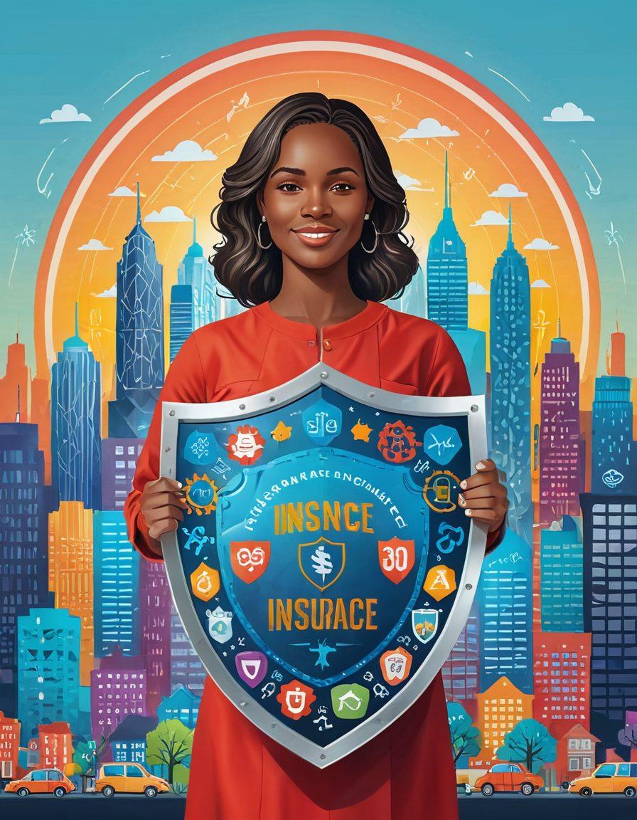 A confident woman holding a shield that symbolizes protection and insurance, with vibrant icons of health, auto, and life insurance around her. The background features a bright city skyline, representing empowerment and opportunities. Include elements like checklists and dollar signs to signify affordability. Bright, uplifting colors to evoke positivity and reliability. vector art. vibrant colors.