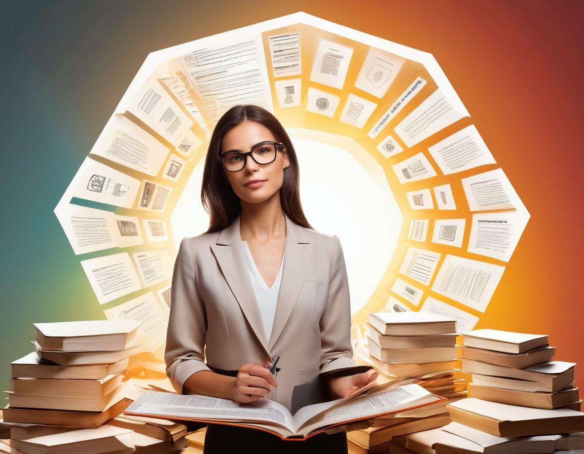 A confident woman standing surrounded by open books and documents related to insurance policies, with light illuminating her from above symbolizing knowledge. In the background, hexagonal icons representing various insurance sectors like health, auto, and home, creating a sense of navigation. The scene conveys empowerment and accessibility to information. vibrant colors. modern design.