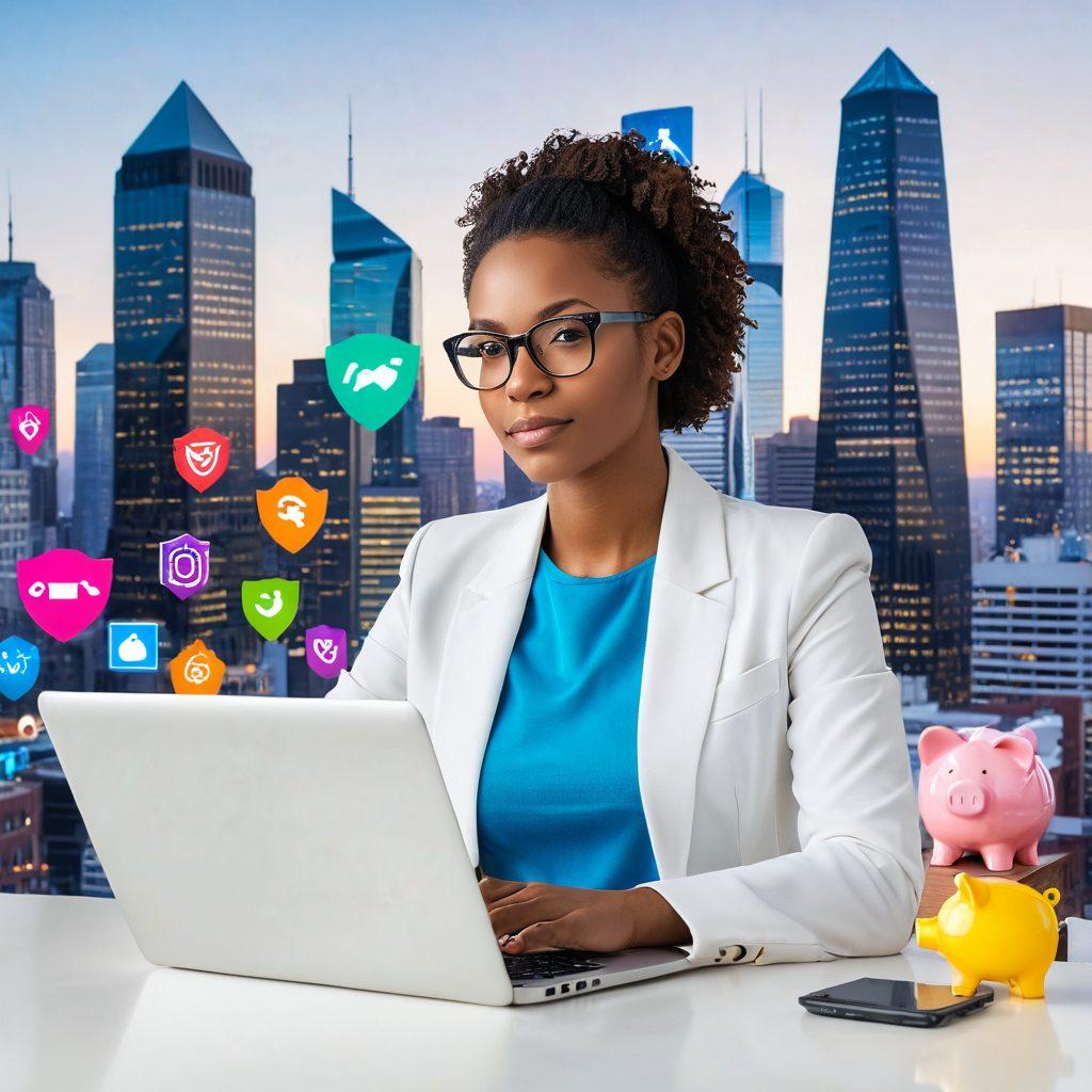 A confident woman using a laptop surrounded by digital icons representing safety, security, and savings, such as shields, locks, and piggy banks. The background illustrates a bright city skyline with a blend of technology and comfort, symbolizing empowerment through digital insurance solutions. Include diverse women collaborating and sharing ideas. modern flat design. vibrant colors. white background.